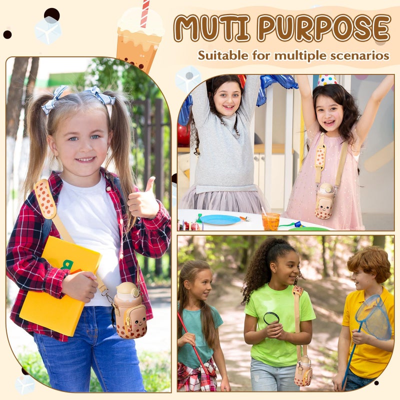 2ooya Bubble Tea Water Bottle Carrier Bag with Strap for Kids - Cute khaki Neoprene Insulated Water Bottle Bag Holder with Padded Strap Pocket 10/12/14/16/18Oz for Boys Girls School Walking Hiking Camping - Image 5